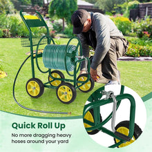 Load image into Gallery viewer, Heavy Duty Metal Garden Hose Reel Cart Holds 300FT of 5/8" Hose with 4 Wheels &amp; Storage Basket, Portable Water Hose Organizer for Yard Lawn