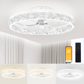 VOLISUN Modern Ceiling Fans with Lights and Remote, 19.7in Low Profile Ceiling Fan Flush Mount, 3000K - 6500K Dimmable Bladeless LED Fan Light, White