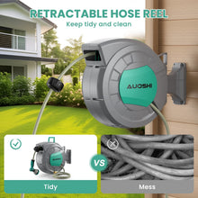 Load image into Gallery viewer, AUOSHI Retractable Garden Hose Reel 1/2" 100ft Automatic Hose Reel with 10 Function Sprayer Nozzle Wall Mount 180 Deg Swivel Bracket Hose Reel