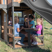 Load image into Gallery viewer, Backyard Discovery Canyon Creek Cedar Wood Swing Set with Wave Slide, Clubhouse, Play Kitchen, Picnic Area, Swings and Rock Wall