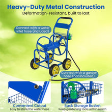 Load image into Gallery viewer, Heavy Duty Metal Garden Hose Reel Cart Holds 300FT of 5/8" Hose with 4 Wheels &amp; Storage Basket, Portable Water Hose Organizer for Yard Lawn