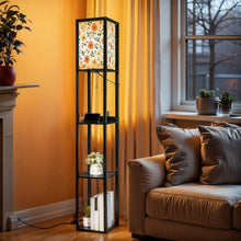 Load image into Gallery viewer, Floor Lamp with Shelves, Modern Dimmable Standing Lamp Floral Corner Display Bookshelf Lamp with 2 USB &amp; 1 Power Outlet for Living Room &amp; Bedroom