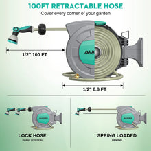 Load image into Gallery viewer, AUOSHI Retractable Garden Hose Reel 1/2" 100ft Automatic Hose Reel with 10 Function Sprayer Nozzle Wall Mount 180 Deg Swivel Bracket Hose Reel