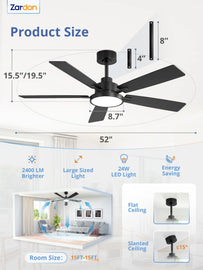 Zardon 52 in Black Ceiling Fan with LED Light and Remote, Downrod 6-Speed and Quiet Reversible DC Motor for Bedroom, Living Room, Indoor