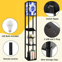 Load image into Gallery viewer, Floor Lamp with Shelves, Modern Dimmable Standing Lamp Floral Corner Display Bookshelf Lamp with 2 USB &amp; 1 Power Outlet for Living Room &amp; Bedroom