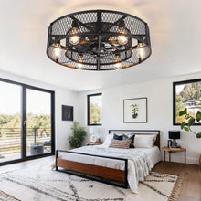 Load image into Gallery viewer, 26 - Inch Farmhouse Caged Ceiling Fan with Light, Remote &amp; APP Control Quiet DC Motor E26 Bulbs Included Black