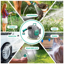 Load image into Gallery viewer, AUOSHI Retractable Garden Hose Reel 1/2" 100ft Automatic Hose Reel with 10 Function Sprayer Nozzle Wall Mount 180 Deg Swivel Bracket Hose Reel