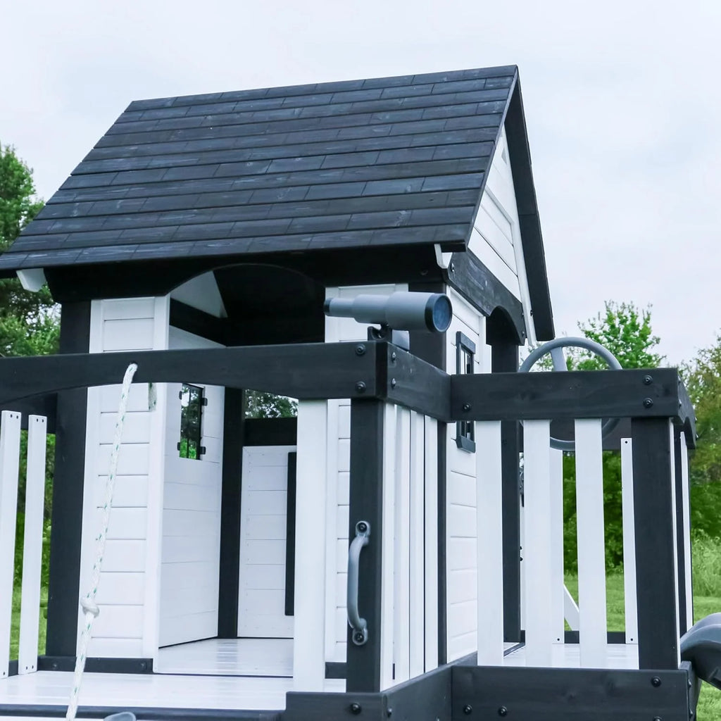 Backyard Discovery Canyon Creek Cedar Wood Swing Set with Wave Slide, Clubhouse, Play Kitchen, Picnic Area, Swings and Rock Wall