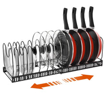 Load image into Gallery viewer, Housolution Pot and Pan Organizer Rack for Cabinet, Expandable Pot Lid Organizer Holder with 14 Adjustable Dividers, Cutting Board Cookware Organizer