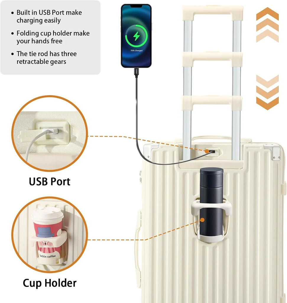 20 in Carry on Luggage with Cup Holder & USB Port, Airline Approved TSA - Locked Luggage, Lightweight PC Material Travel Suitcase