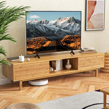Load image into Gallery viewer, 63" Bamboo TV Stand for Up to 70" TVs, Mid Century Modern Entertainment Center Media Console with Sliding Doors &amp; 3 Storage Cubbies for Living Room