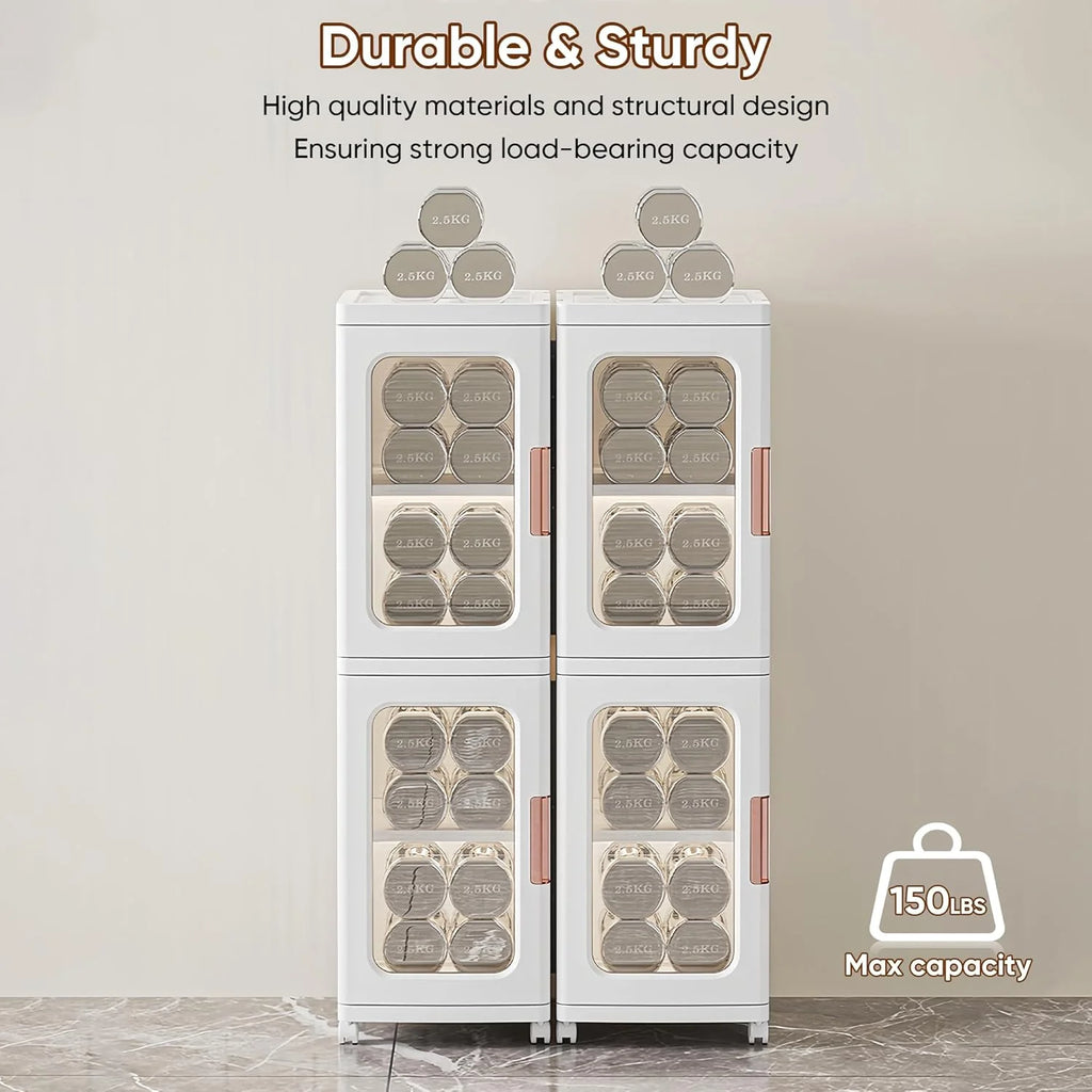 Slim Kitchen Pantry Storage Cabinet with Doors and Shelves, 3 - Tiers Plastic Narrow Storage Organizer Collapsible