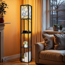 Load image into Gallery viewer, Floor Lamp with Shelves, Modern Dimmable Standing Lamp Floral Corner Display Bookshelf Lamp with 2 USB &amp; 1 Power Outlet for Living Room &amp; Bedroom