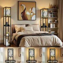 Load image into Gallery viewer, Floor Lamp with Shelves, Modern Dimmable Standing Lamp Floral Corner Display Bookshelf Lamp with 2 USB &amp; 1 Power Outlet for Living Room &amp; Bedroom