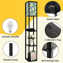 Load image into Gallery viewer, Floor Lamp with Shelves, Modern Dimmable Standing Lamp Floral Corner Display Bookshelf Lamp with 2 USB &amp; 1 Power Outlet for Living Room &amp; Bedroom