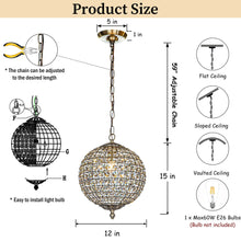 Load image into Gallery viewer, 1-Light 12" Retro Antique Gold Crystal Globe Chandelier Small Sphere Pendant Light