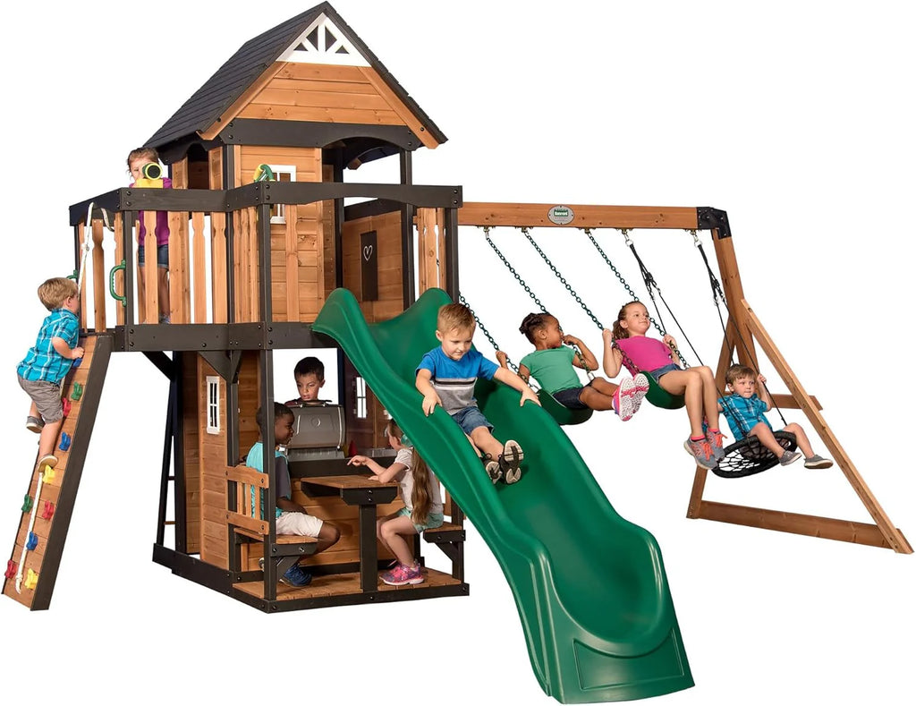 Backyard Discovery Canyon Creek Cedar Wood Swing Set with Wave Slide, Clubhouse, Play Kitchen, Picnic Area, Swings and Rock Wall