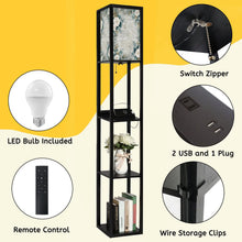 Load image into Gallery viewer, Floor Lamp with Shelves, Modern Dimmable Standing Lamp Floral Corner Display Bookshelf Lamp with 2 USB &amp; 1 Power Outlet for Living Room &amp; Bedroom