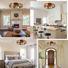Load image into Gallery viewer, 20 in. Modern Farmhouse Ceiling Fan Light with Remote 4-Light Black Cage Wood Grain Rustic Indoor Fandelier for Bedroom - Black Flush Mount Light