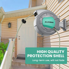 Load image into Gallery viewer, AUOSHI Retractable Garden Hose Reel 1/2" 100ft Automatic Hose Reel with 10 Function Sprayer Nozzle Wall Mount 180 Deg Swivel Bracket Hose Reel