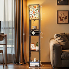 Load image into Gallery viewer, Floor Lamp with Shelves, Modern Dimmable Standing Lamp Floral Corner Display Bookshelf Lamp with 2 USB &amp; 1 Power Outlet for Living Room &amp; Bedroom