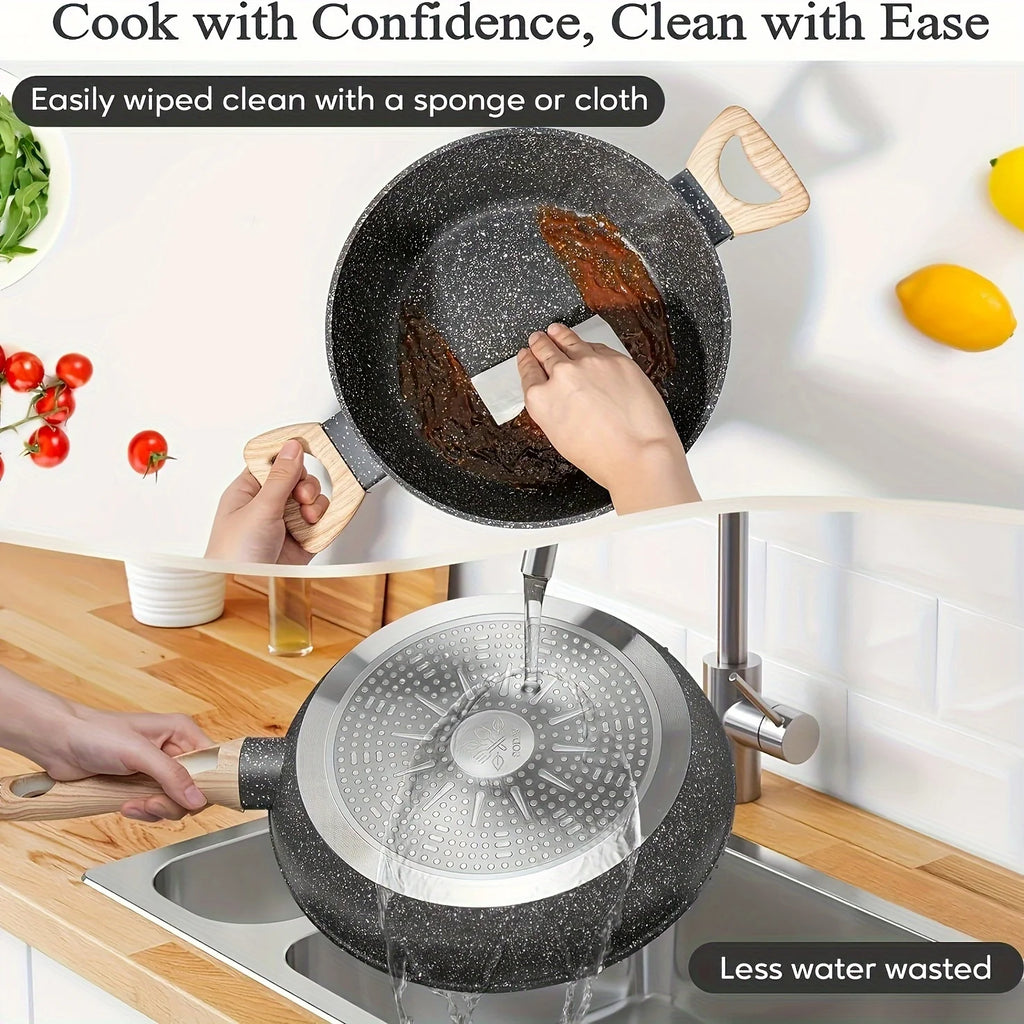 Non - Stick 12 POTS and Pans Set, Cookware Set, Including Frying Pan, Steamer, Silicone Spatula and Tongs - Granite Cooking Set (Black)