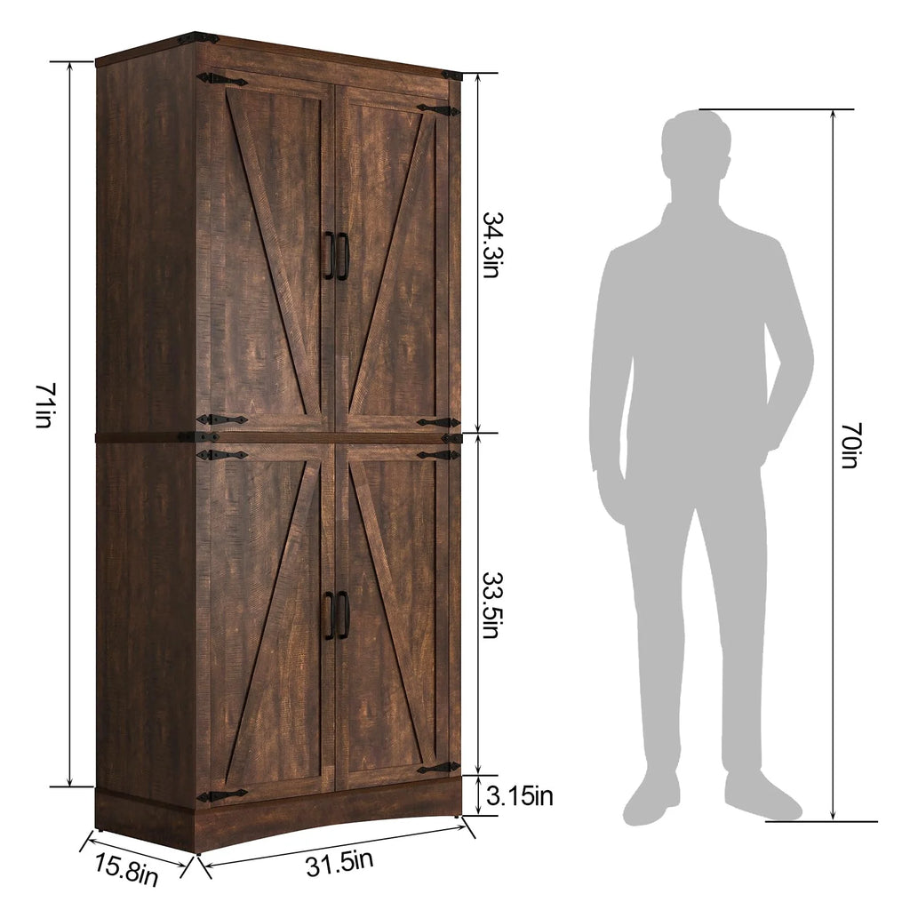 71" Tall Farmhouse Kitchen Pantry Cabinet, 5 Layers Storage Cabinet with Adjustable Shelves, Farmhouse Pantry Cabinet with 4 Barn Doors