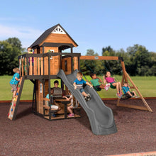 Load image into Gallery viewer, Backyard Discovery Canyon Creek Cedar Wood Swing Set with Wave Slide, Clubhouse, Play Kitchen, Picnic Area, Swings and Rock Wall
