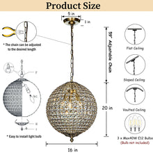 Load image into Gallery viewer, 1-Light 12" Retro Antique Gold Crystal Globe Chandelier Small Sphere Pendant Light