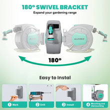 Load image into Gallery viewer, AUOSHI Retractable Garden Hose Reel 1/2" 100ft Automatic Hose Reel with 10 Function Sprayer Nozzle Wall Mount 180 Deg Swivel Bracket Hose Reel