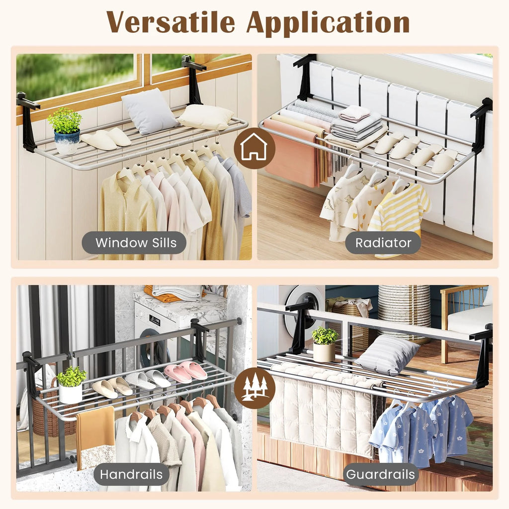 Tangkula Portable Clothes Drying Rack | Extendable Radiator Clothes Airer with Robust Aluminum Frame for Balcony Railings Windowsill