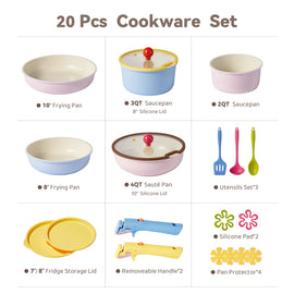 Carote 20 Pcs Ceramic Nonstick Cookware Set, Pots and Pans Set with Detachable Handles, Oven/Dishwasher Safe, Stackable Kitchen Cooking Set, Colorful