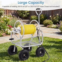 Load image into Gallery viewer, Portable Garden Hose Reel Cart Holds 300FT of 5/8" Large Capacity, Heavy - Duty Metal Hose Cart with 4 Wheels &amp; Storage Basket for Lawn Yard