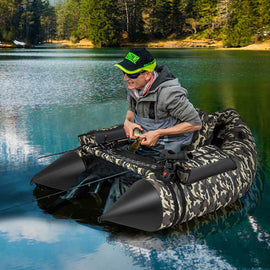 Inflatable Fishing Float Tube, 350 LBS Capacity Belly Boat with Paddle, Flippers, Rod Holder, Fish Ruler, Pump, Storage Bag & Adjustable Straps